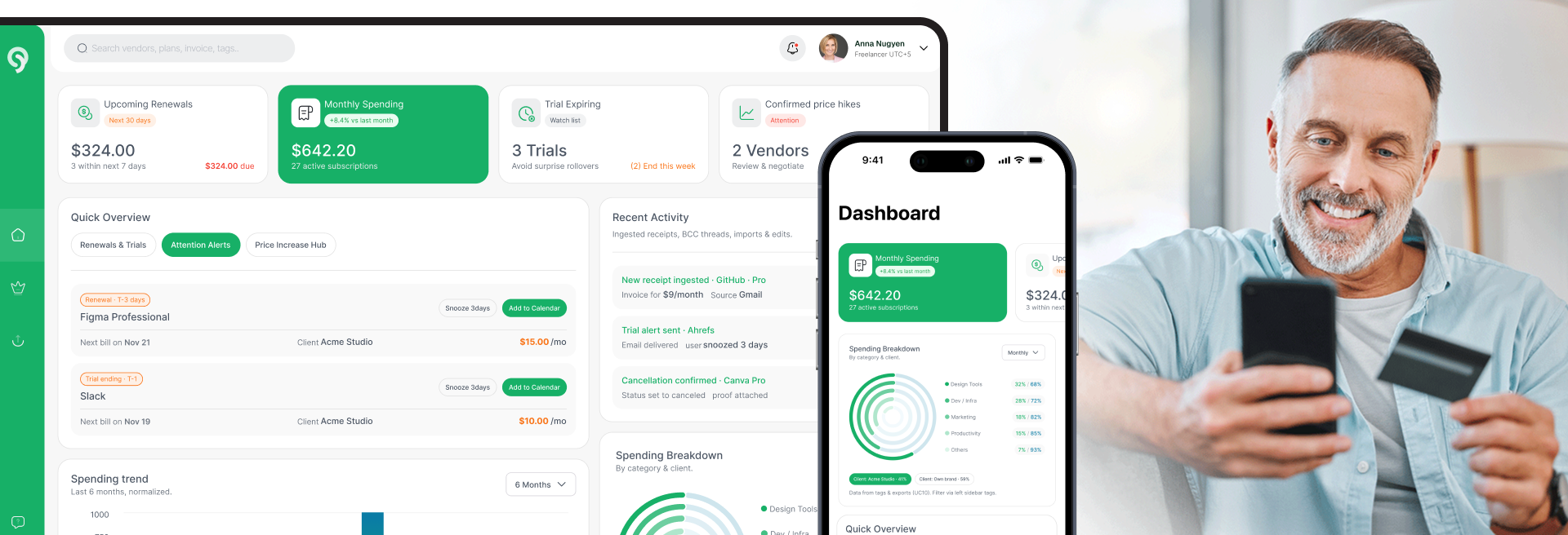 Transition illustration showing progression from subscription chaos to organized management